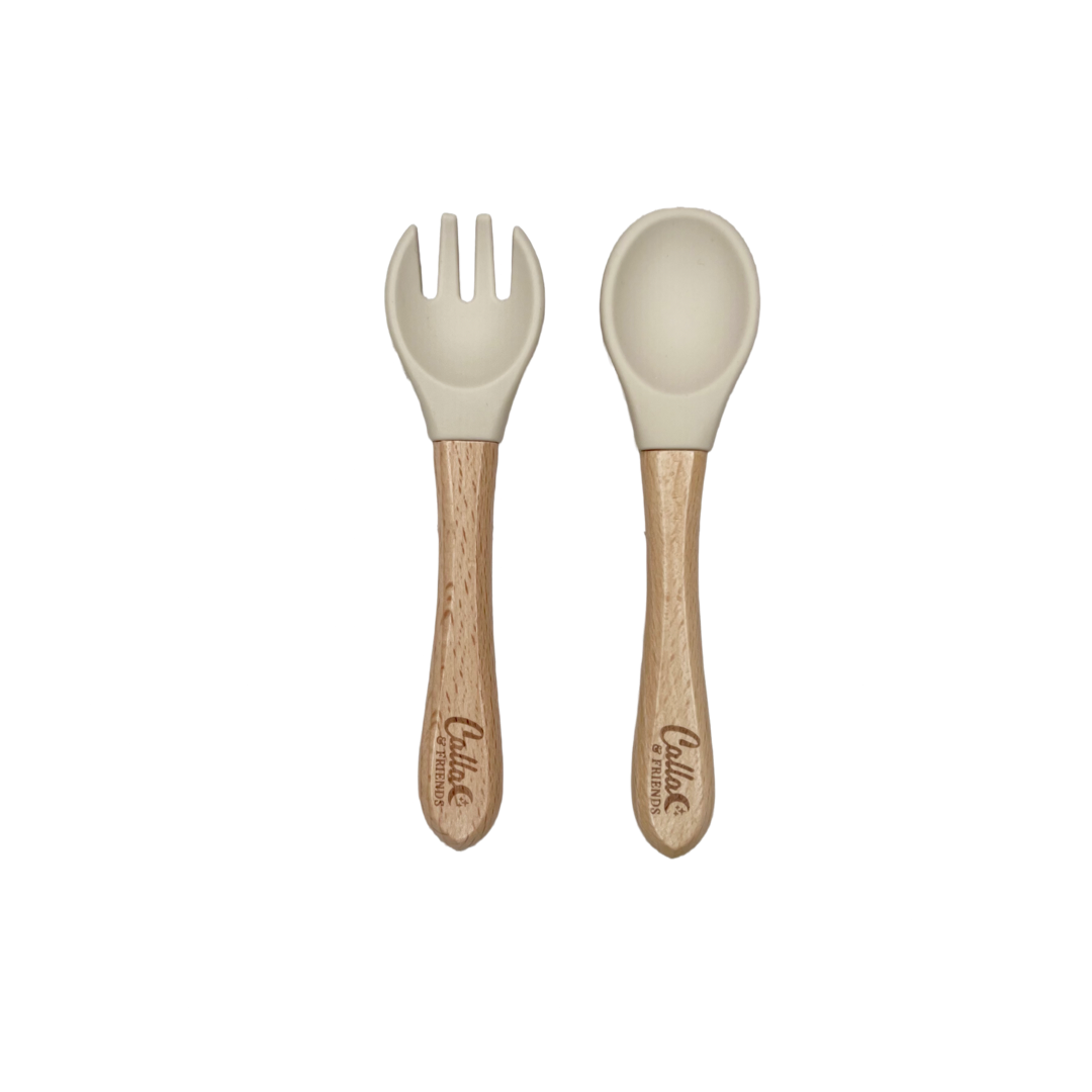 Silicone & Beechwood Toddler Utensil Set: Powder Blue