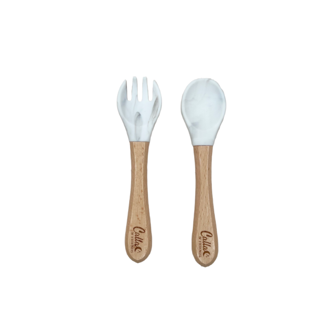 Silicone & Beechwood Toddler Utensil Set: Fawn
