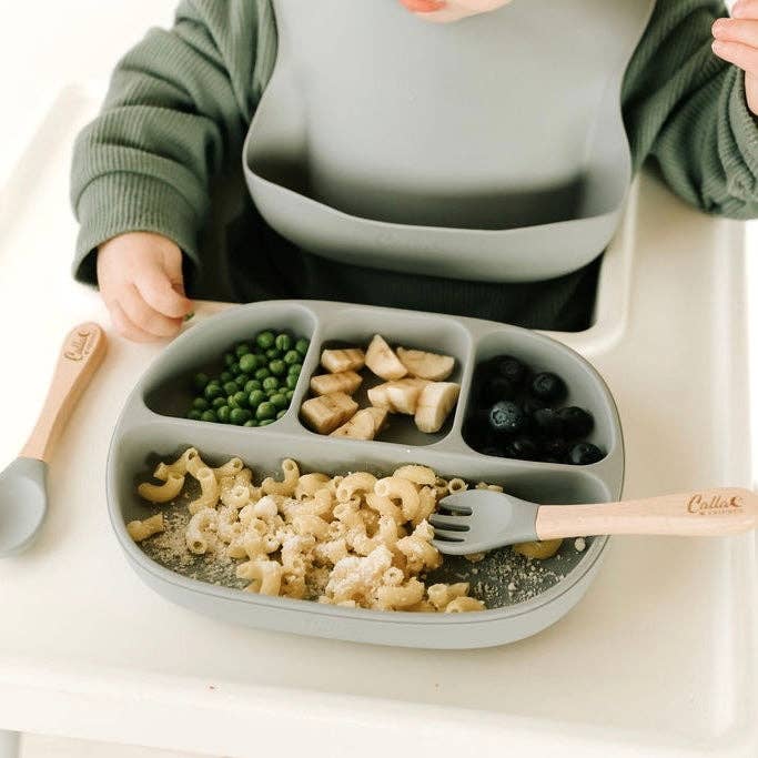 Silicone & Beechwood Toddler Utensil Set: Powder Blue