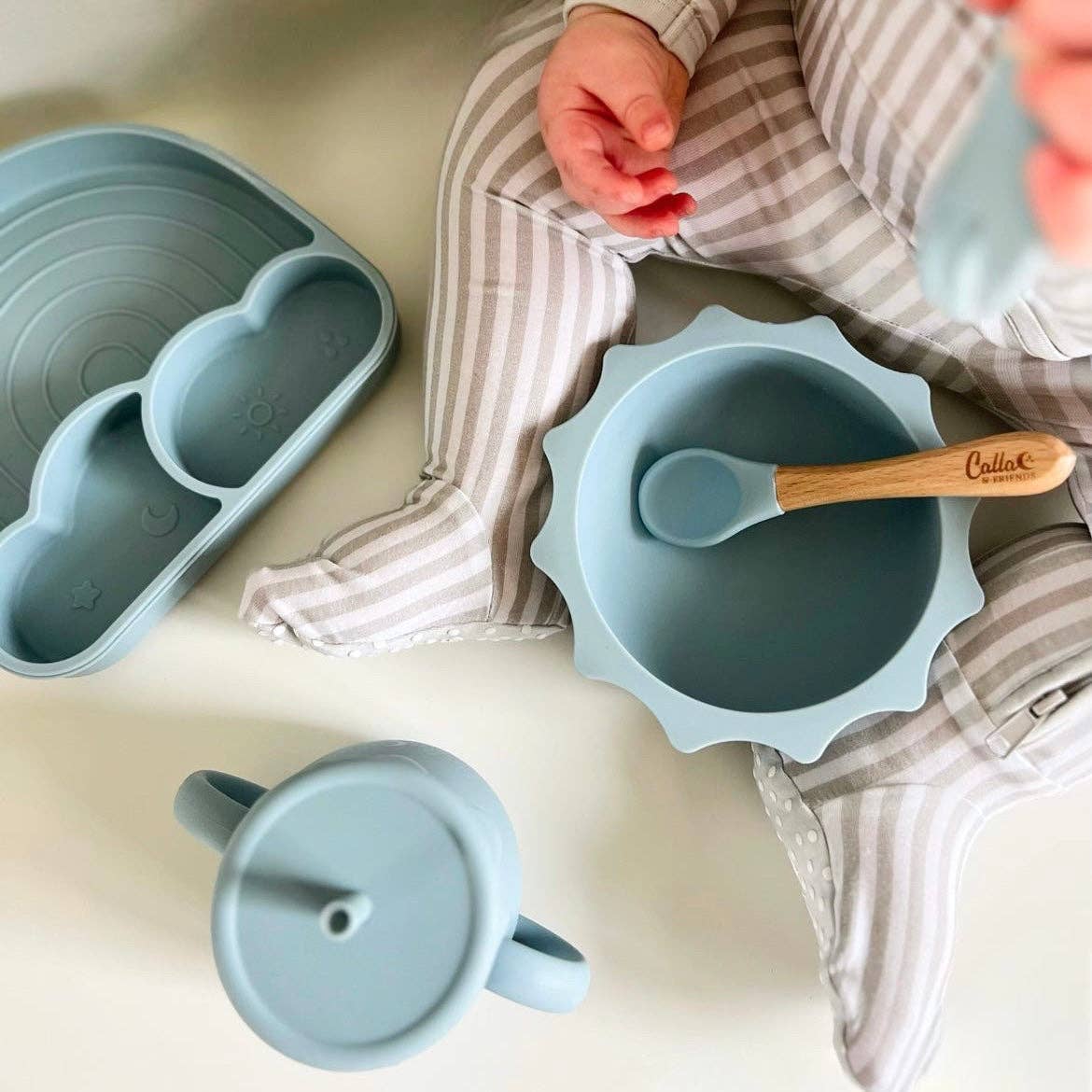 Silicone & Beechwood Toddler Utensil Set: Powder Blue