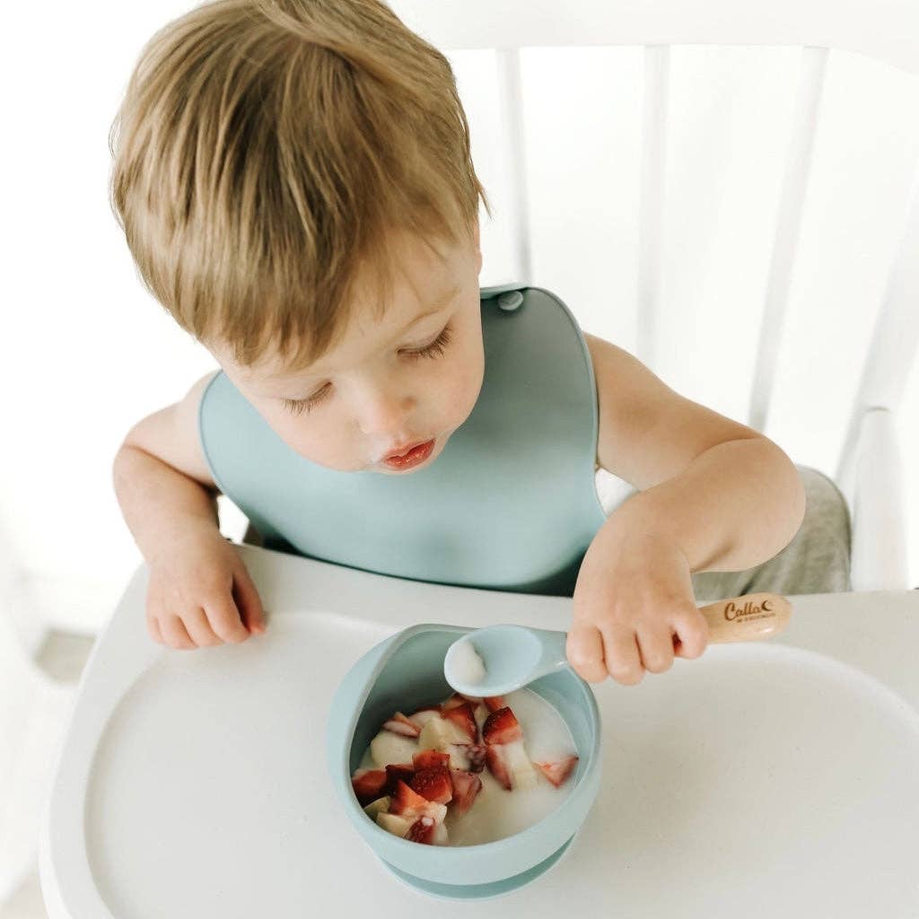 Silicone & Beechwood Toddler Utensil Set: Powder Blue