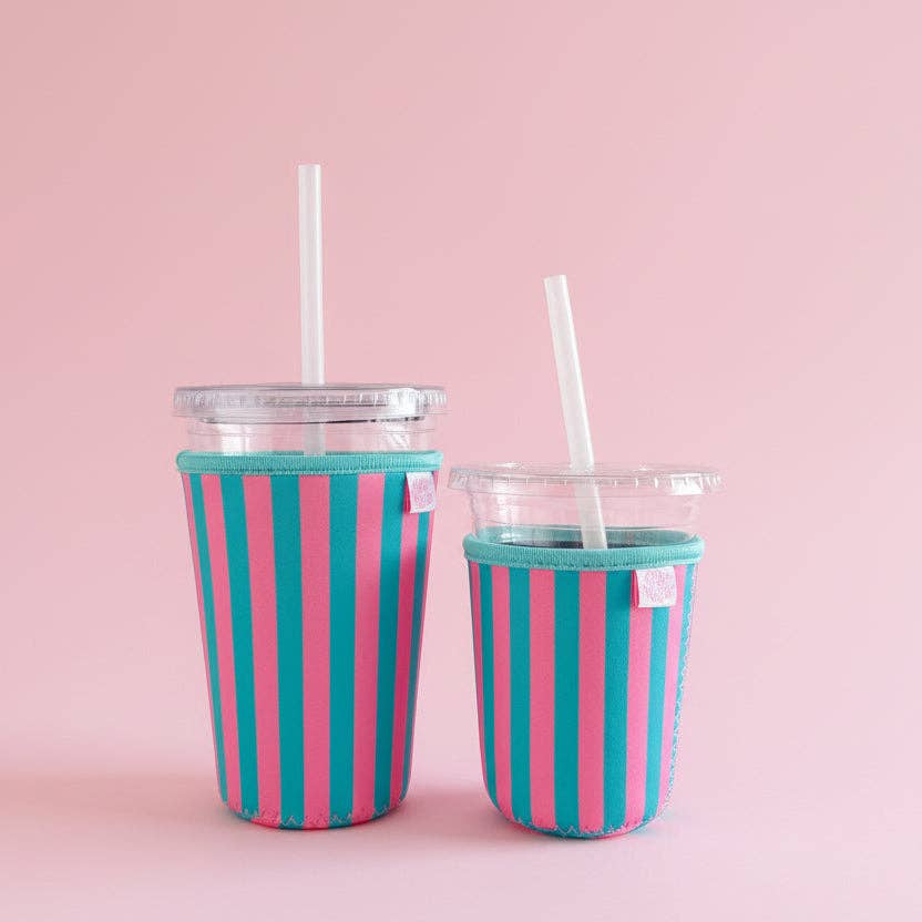 Coffee Cup Cover - Pink & Blue Stripes - Iced Drink Sleeve: Small / 16oz