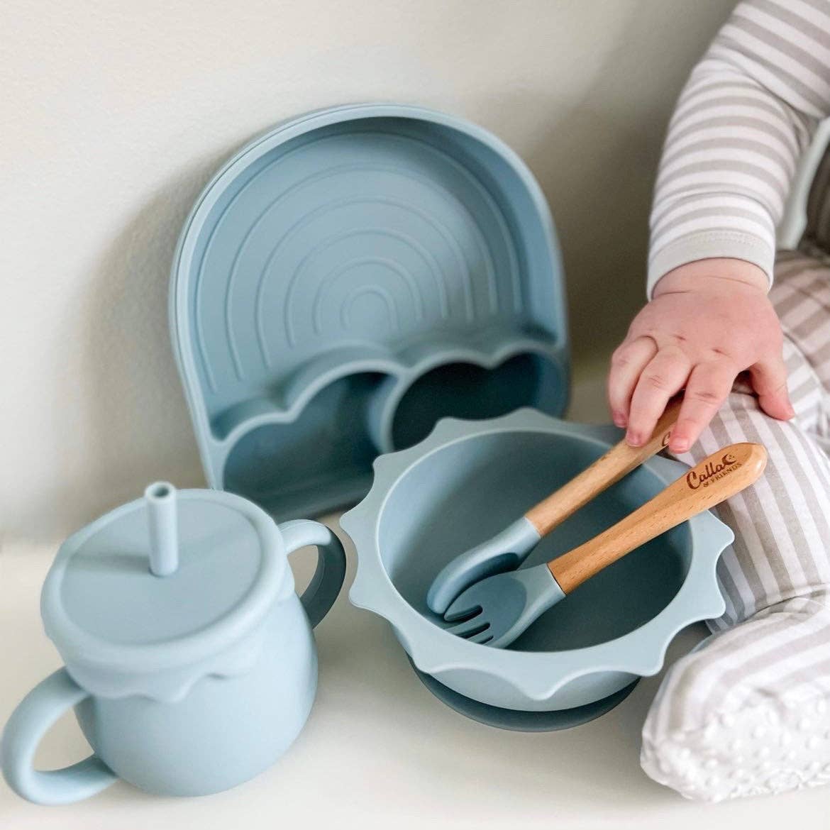 Silicone & Beechwood Toddler Utensil Set: Powder Blue