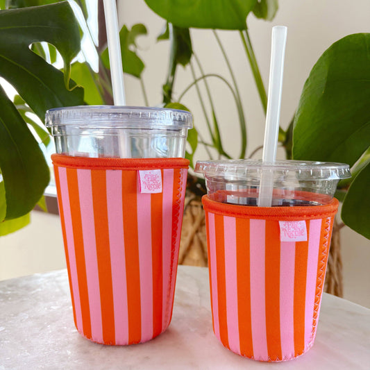 Coffee Cup Cover - Pink & Orange Stripes - Iced Drink Sleeve: Small / 16oz