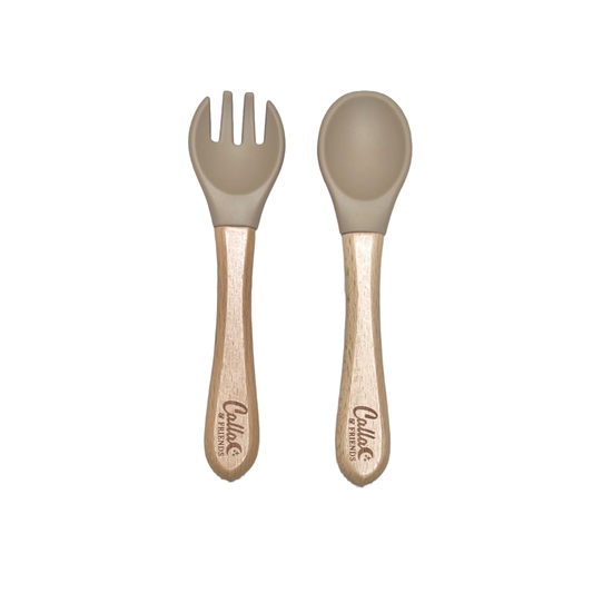 Silicone & Beechwood Toddler Utensil Set: Fawn